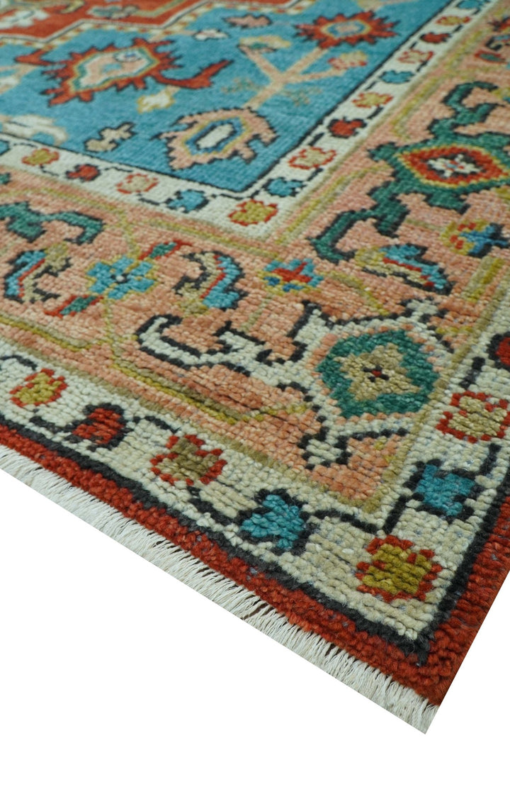 Custom Made Traditional Heriz Design Rust And Blue Hand Knotted Wool Rug - The Rug Decor