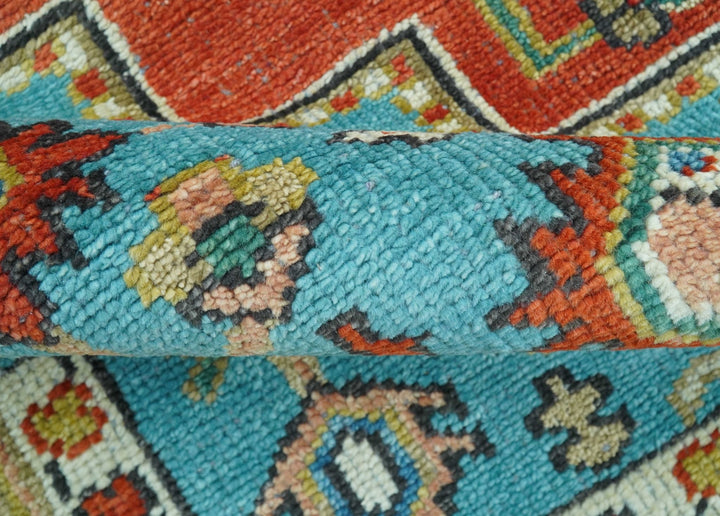 Custom Made Traditional Heriz Design Rust And Blue Hand Knotted Wool Rug - The Rug Decor
