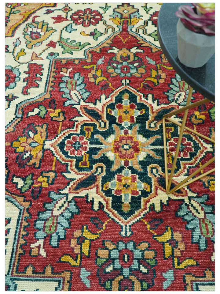 Custom Made Traditional Heriz Design Rust And Ivory Hand Knotted Wool Rug - The Rug Decor
