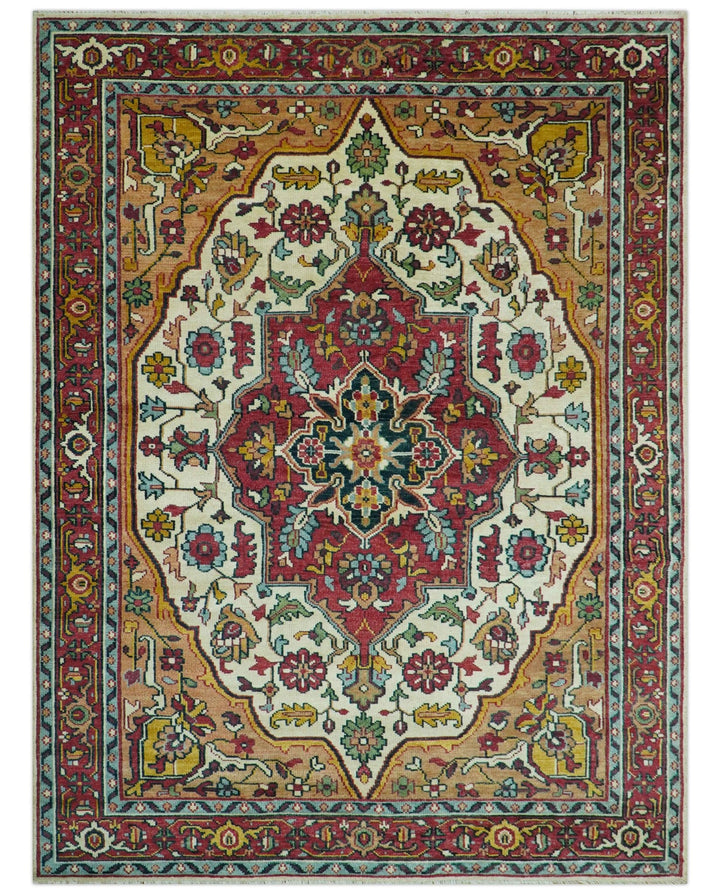 Custom Made Traditional Heriz Design Rust And Ivory Hand Knotted Wool Rug - The Rug Decor