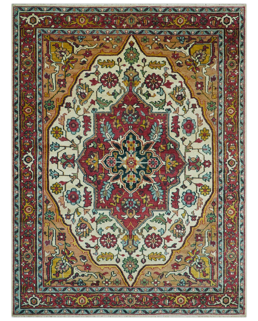 Custom Made Traditional Heriz Design Rust And Ivory Hand Knotted Wool Rug - The Rug Decor
