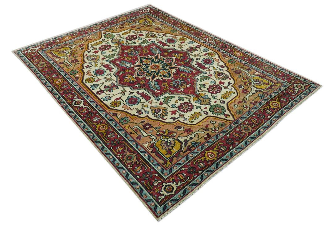 Custom Made Traditional Heriz Design Rust And Ivory Hand Knotted Wool Rug - The Rug Decor