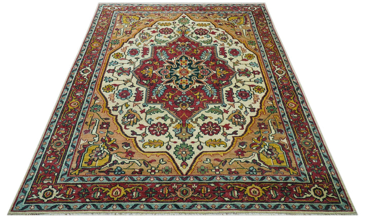 Custom Made Traditional Heriz Design Rust And Ivory Hand Knotted Wool Rug - The Rug Decor