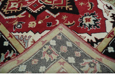 Custom Made Traditional Heriz Maroon, Olive and Black Floral Hand Knotted wool Rug - The Rug Decor