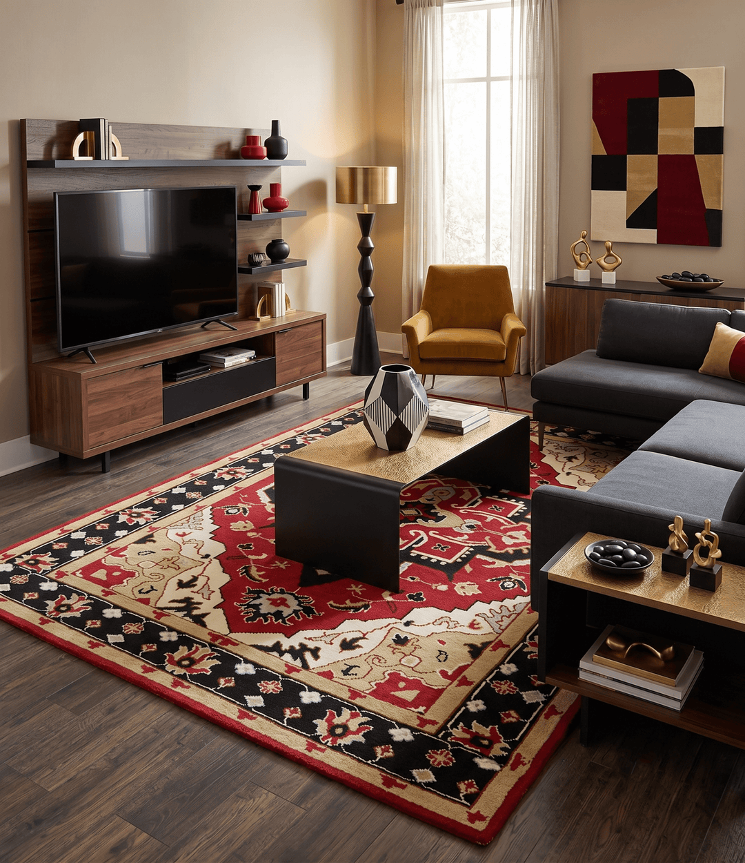 Custom Made Traditional Heriz Maroon, Olive and Black Floral Hand Knotted wool Rug - The Rug Decor