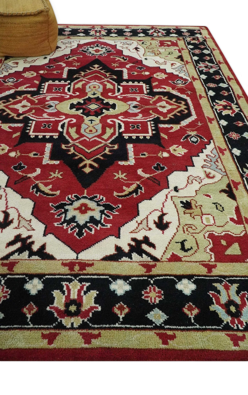 Custom Made Traditional Heriz Maroon, Olive and Black Floral Hand Knotted wool Rug - The Rug Decor