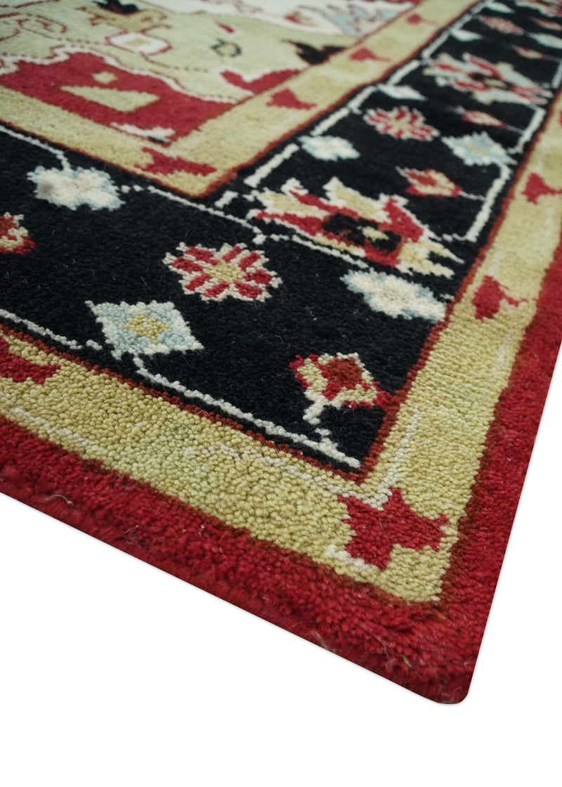 Custom Made Traditional Heriz Maroon, Olive and Black Floral Hand Knotted wool Rug - The Rug Decor