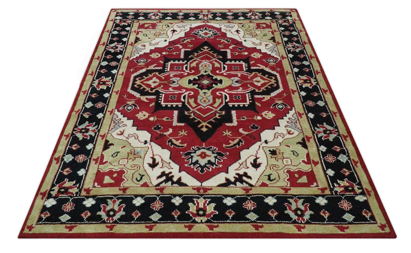 Custom Made Traditional Heriz Maroon, Olive and Black Floral Hand Knotted wool Rug - The Rug Decor