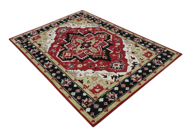 Custom Made Traditional Heriz Maroon, Olive and Black Floral Hand Knotted wool Rug - The Rug Decor