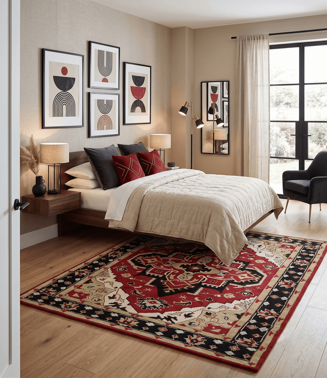 Custom Made Traditional Heriz Maroon, Olive and Black Floral Hand Knotted wool Rug - The Rug Decor
