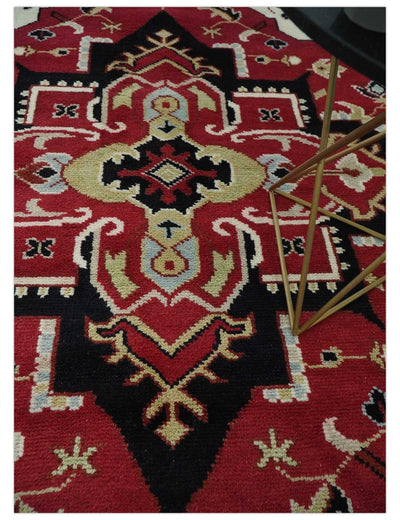 Custom Made Traditional Heriz Maroon, Olive and Black Floral Hand Knotted wool Rug - The Rug Decor