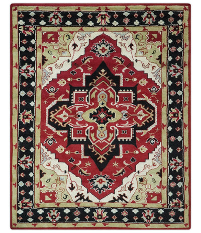 Custom Made Traditional Heriz Maroon, Olive and Black Floral Hand Knotted wool Rug - The Rug Decor