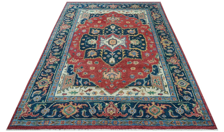 Custom Made Traditional Heriz Red And Blue Hand Knotted Wool Rug - The Rug Decor