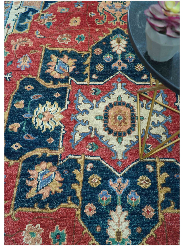 Custom Made Traditional Heriz Red And Blue Hand Knotted Wool Rug - The Rug Decor
