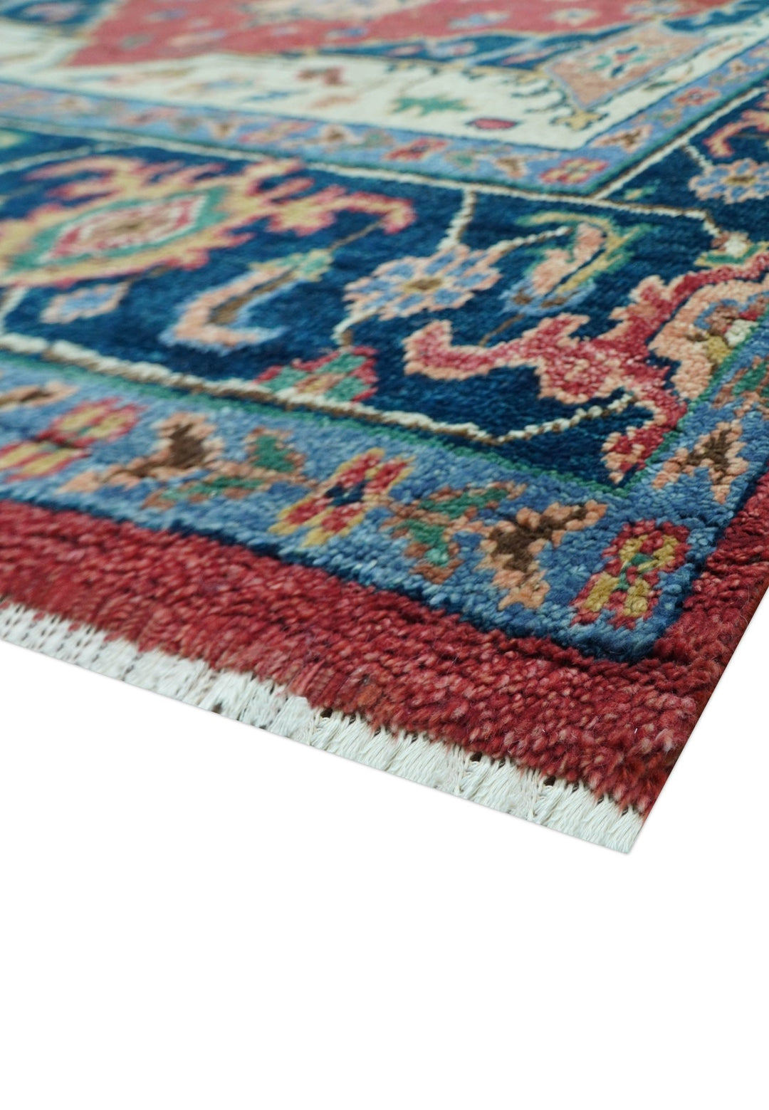 Custom Made Traditional Heriz Red And Blue Hand Knotted Wool Rug - The Rug Decor
