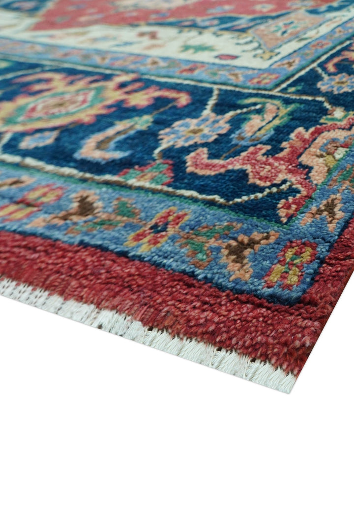 Custom Made Traditional Heriz Red And Blue Hand Knotted Wool Rug - The Rug Decor