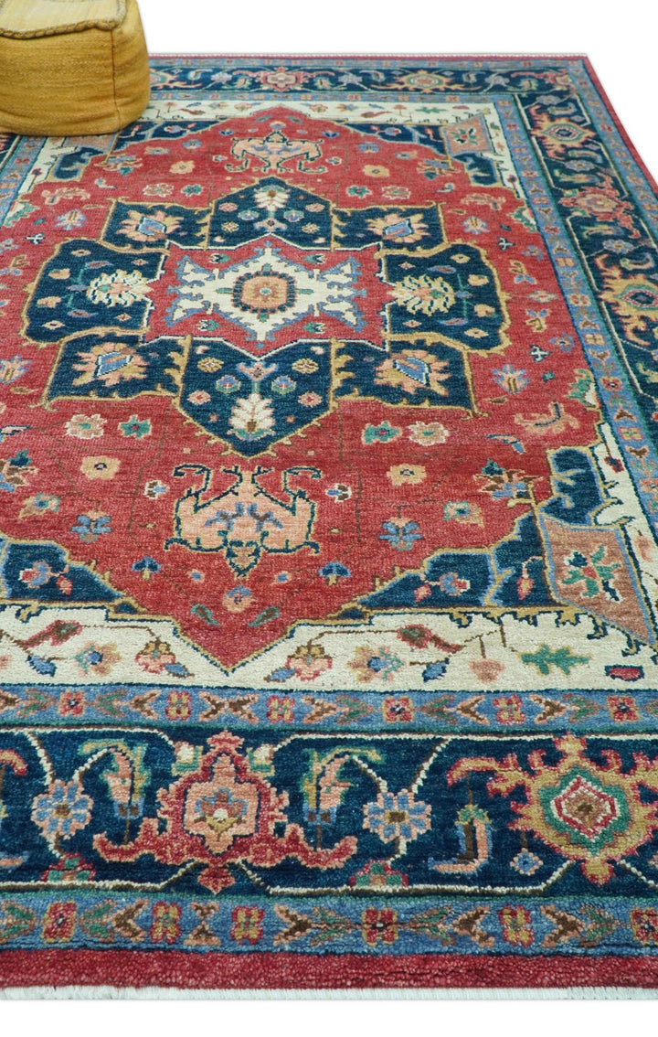 Custom Made Traditional Heriz Red And Blue Hand Knotted Wool Rug - The Rug Decor