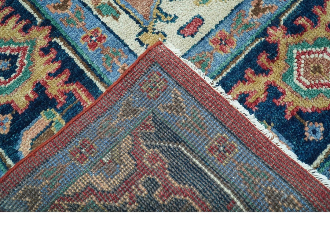 Custom Made Traditional Heriz Red And Blue Hand Knotted Wool Rug - The Rug Decor