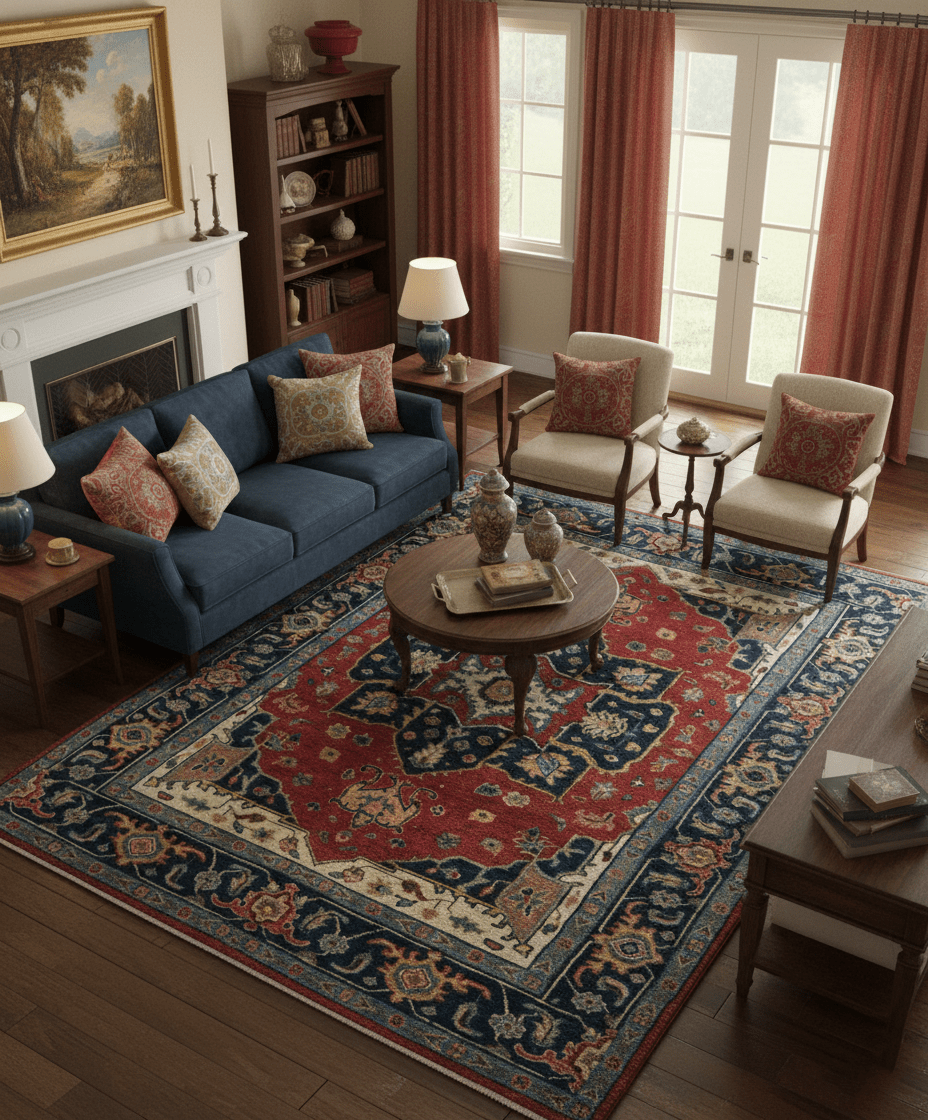 Custom Made Traditional Heriz Red And Blue Hand Knotted Wool Rug - The Rug Decor