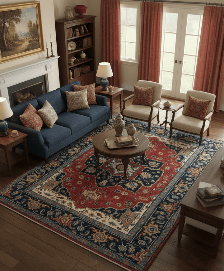 Custom Made Traditional Heriz Red And Blue Hand Knotted Wool Rug - The Rug Decor