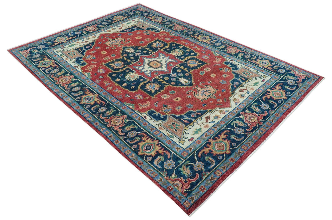 Custom Made Traditional Heriz Red And Blue Hand Knotted Wool Rug - The Rug Decor