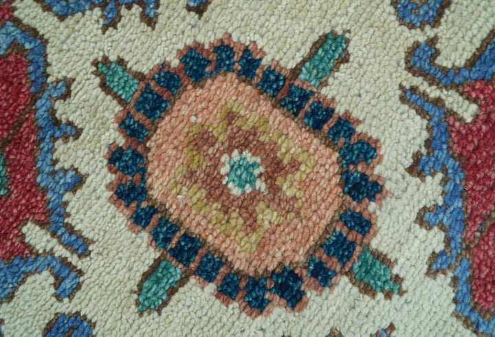 Custom Made Traditional Heriz Red And Blue Hand Knotted Wool Rug - The Rug Decor