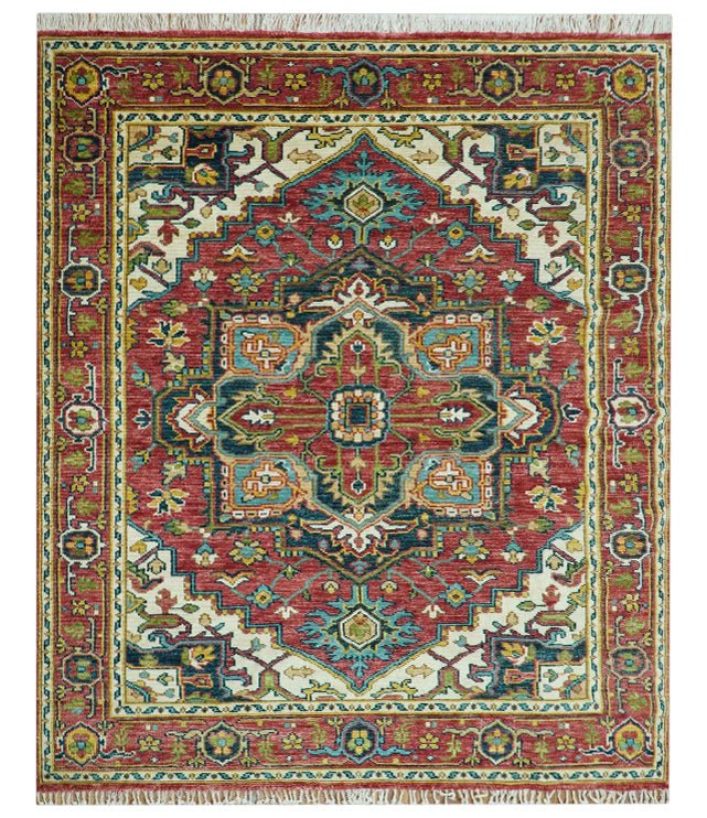 Custom Made Traditional Heriz Red And Ivory Hand Knotted Wool Rug - The Rug Decor