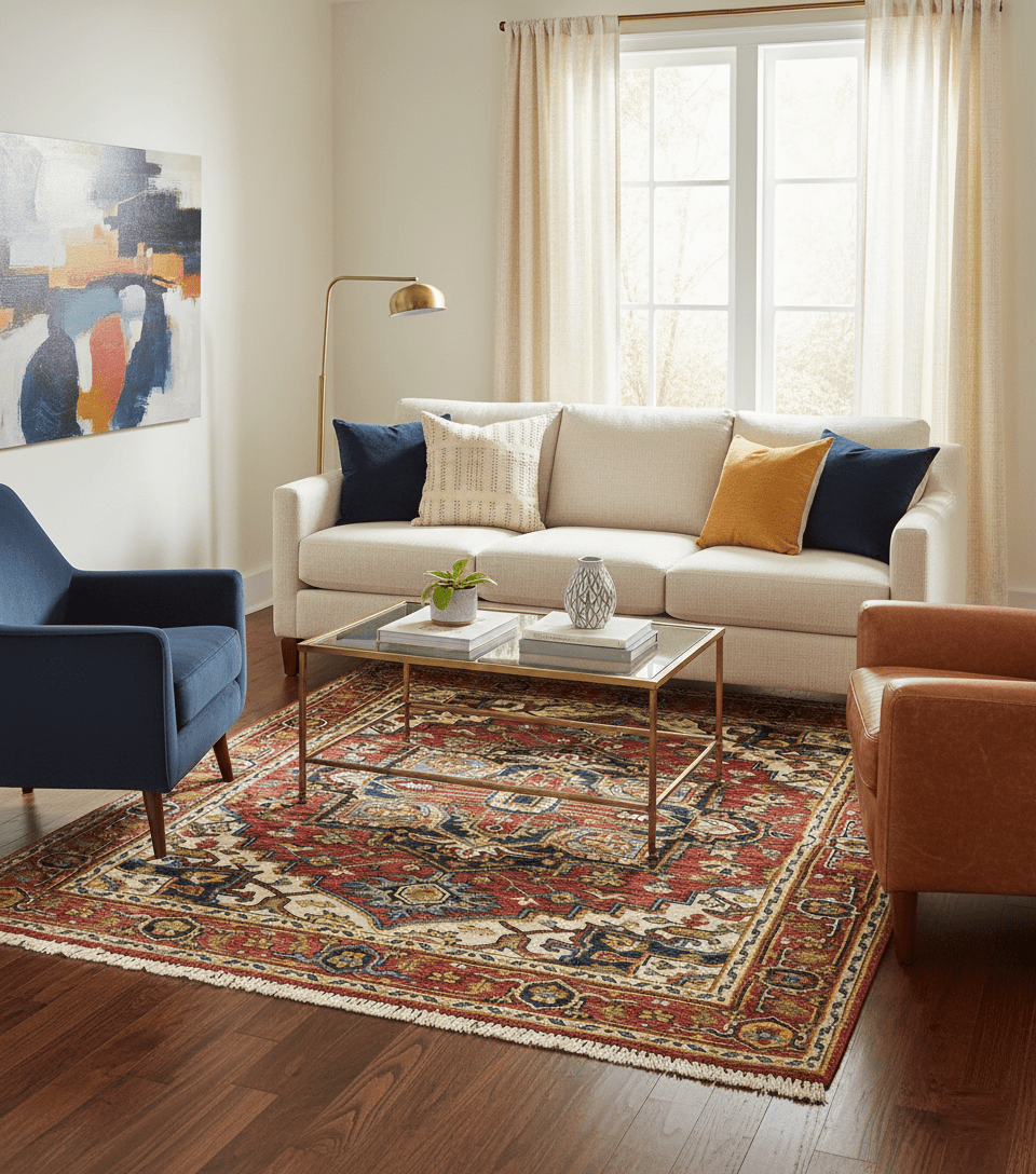 Custom Made Traditional Heriz Red And Ivory Hand Knotted Wool Rug - The Rug Decor