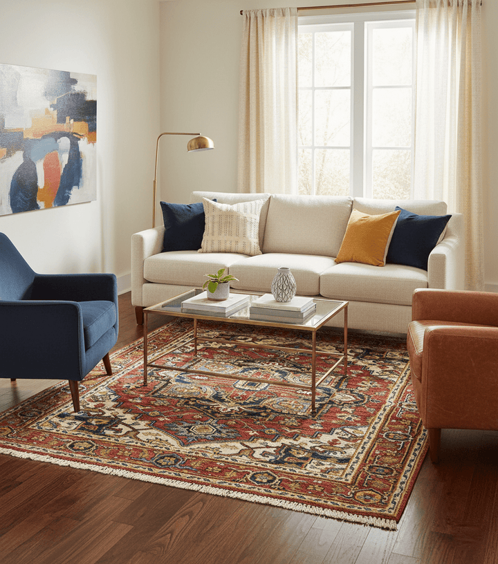 Custom Made Traditional Heriz Red And Ivory Hand Knotted Wool Rug - The Rug Decor