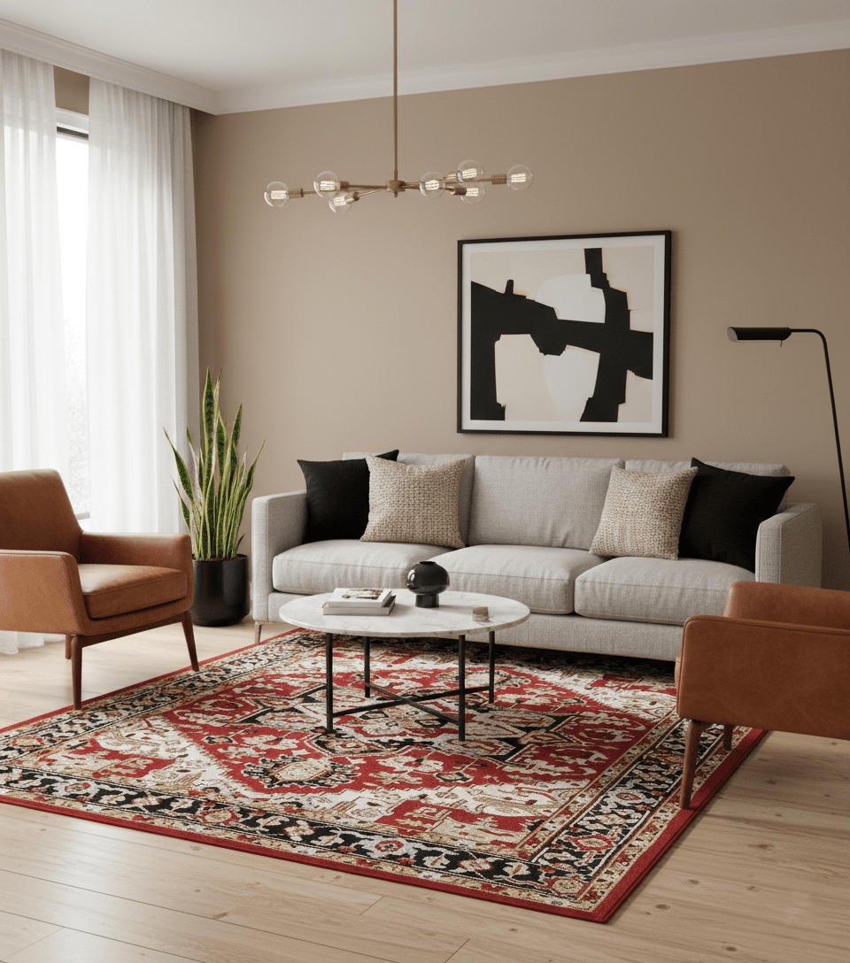 Custom Made Traditional Heriz Rust, Ivory, Black and Beige Hand knotted Medallion Wool Area Rug - The Rug Decor