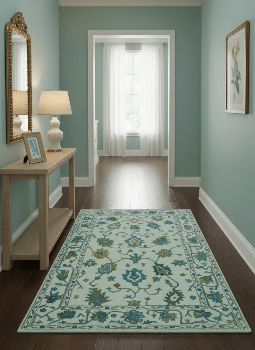 Custom Made Traditional Ivory And Blue Oushak Hand Tufted Wool Area Rug - The Rug Decor