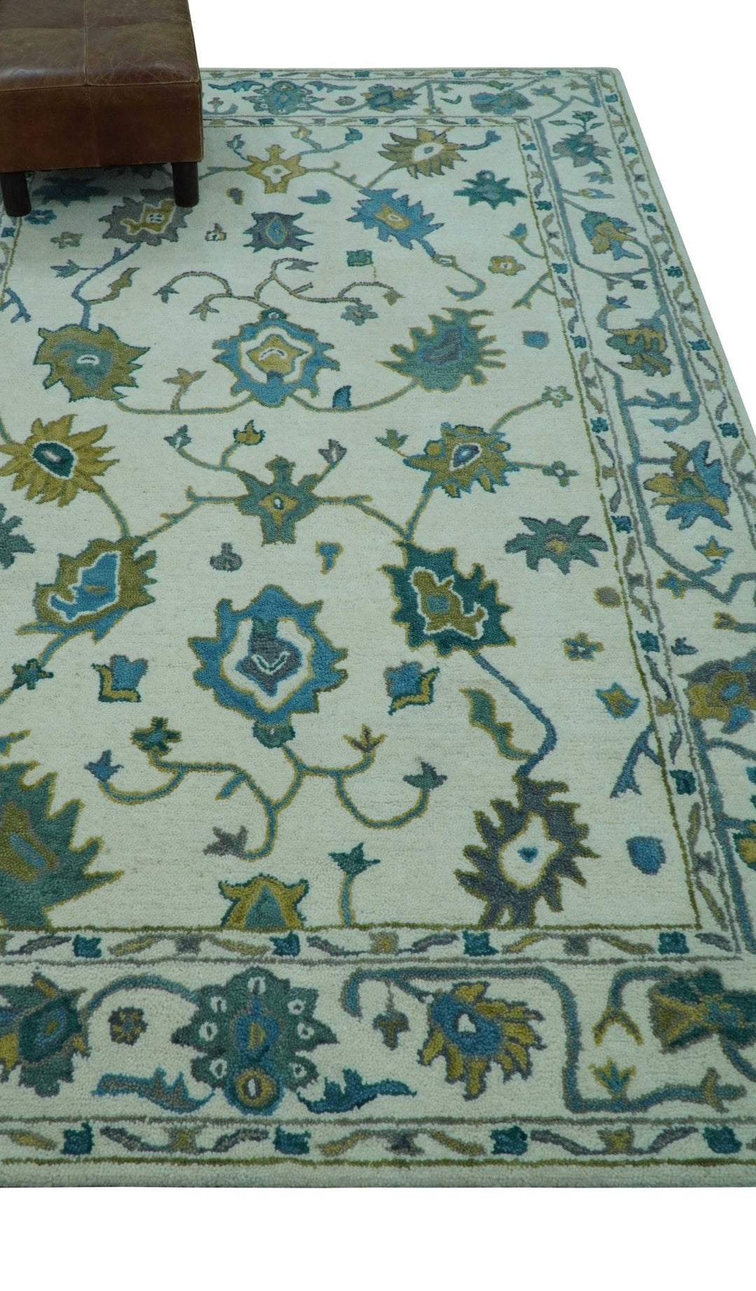 Custom Made Traditional Ivory And Blue Oushak Hand Tufted Wool Area Rug - The Rug Decor