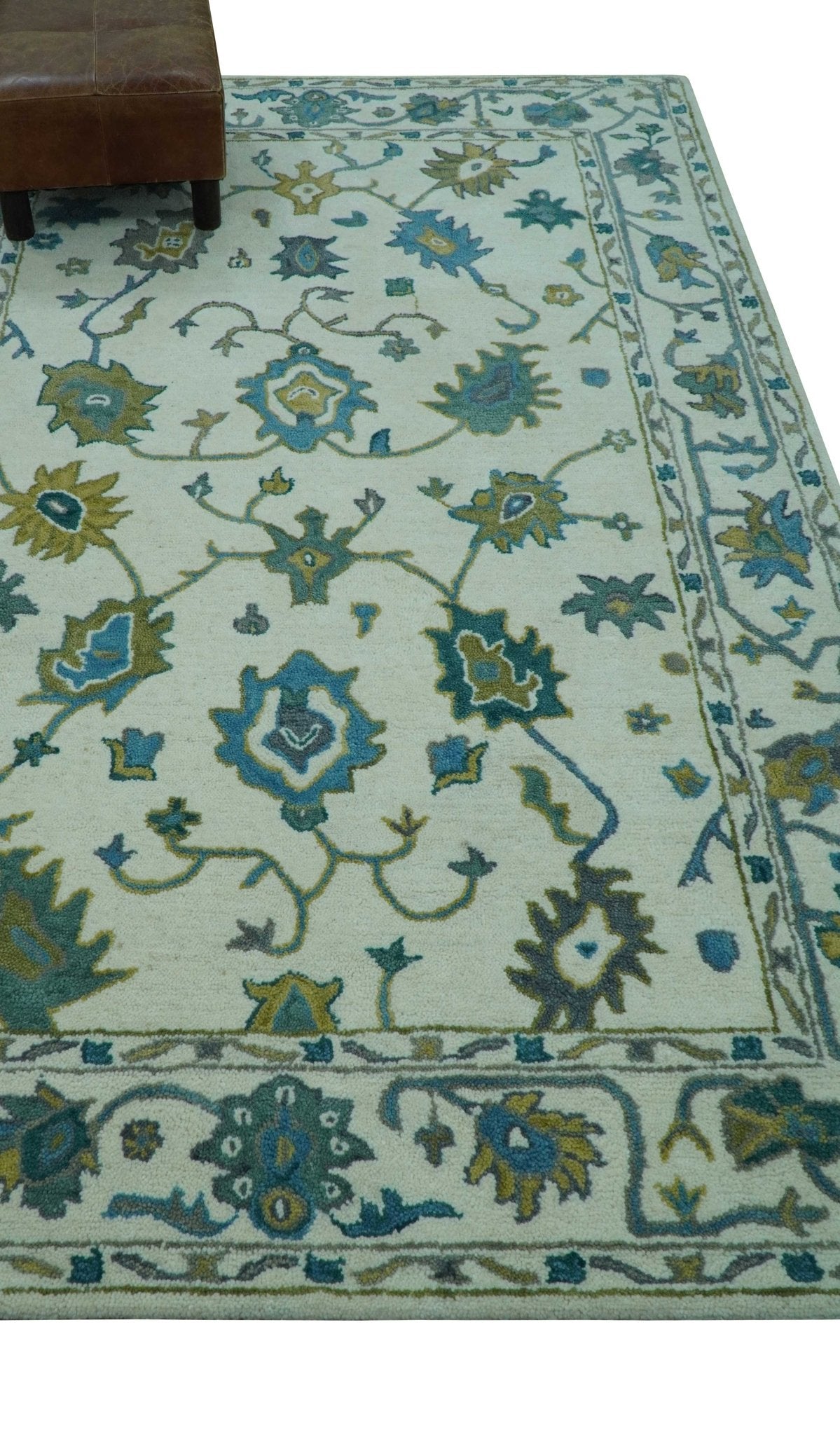 Custom Made Traditional Ivory And Blue Oushak Hand Tufted Wool Area Rug - The Rug Decor