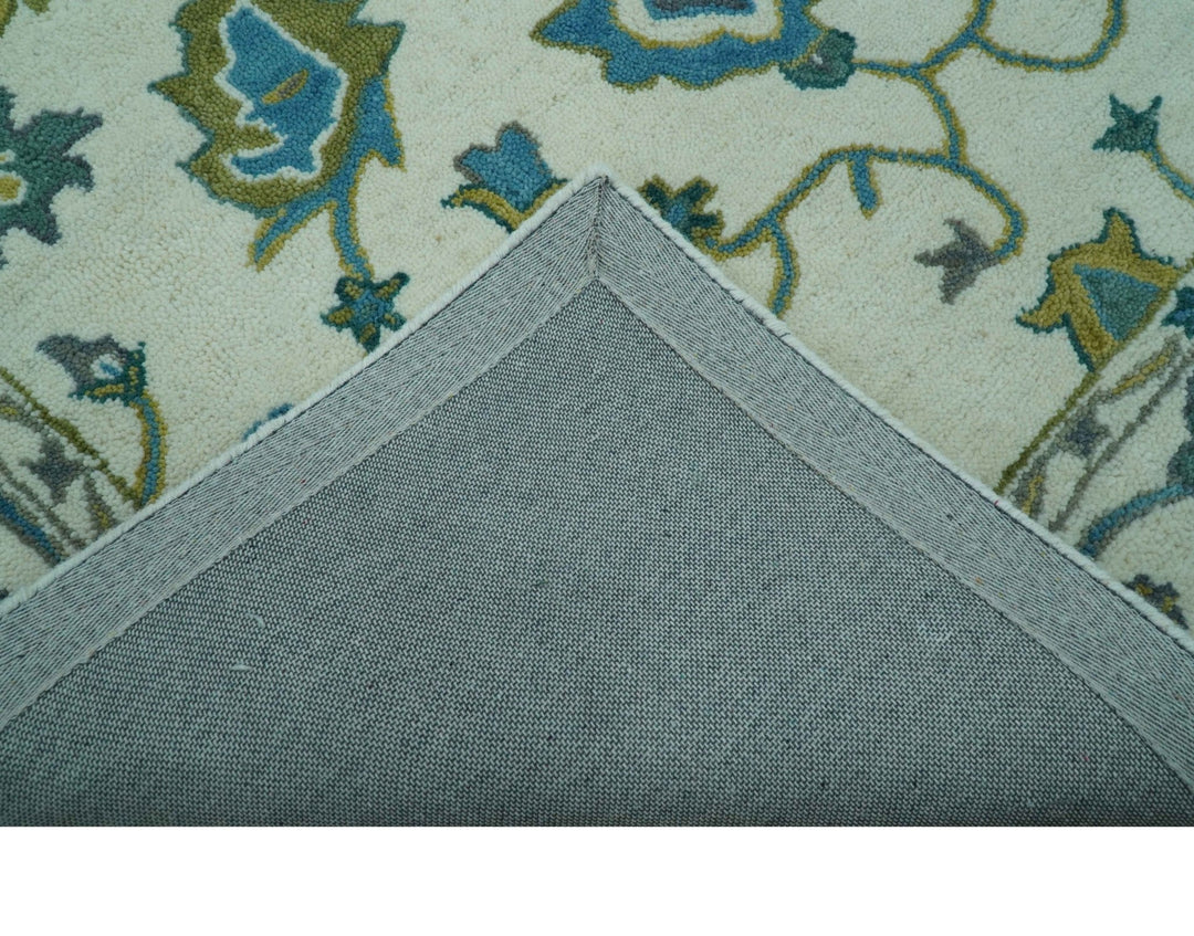 Custom Made Traditional Ivory And Blue Oushak Hand Tufted Wool Area Rug - The Rug Decor