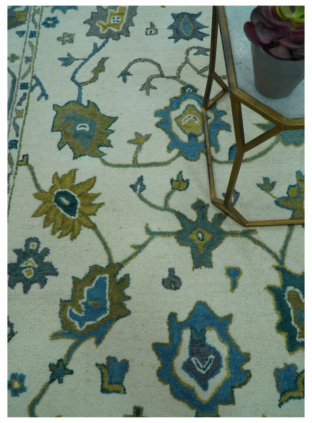 Custom Made Traditional Ivory And Blue Oushak Hand Tufted Wool Area Rug - The Rug Decor