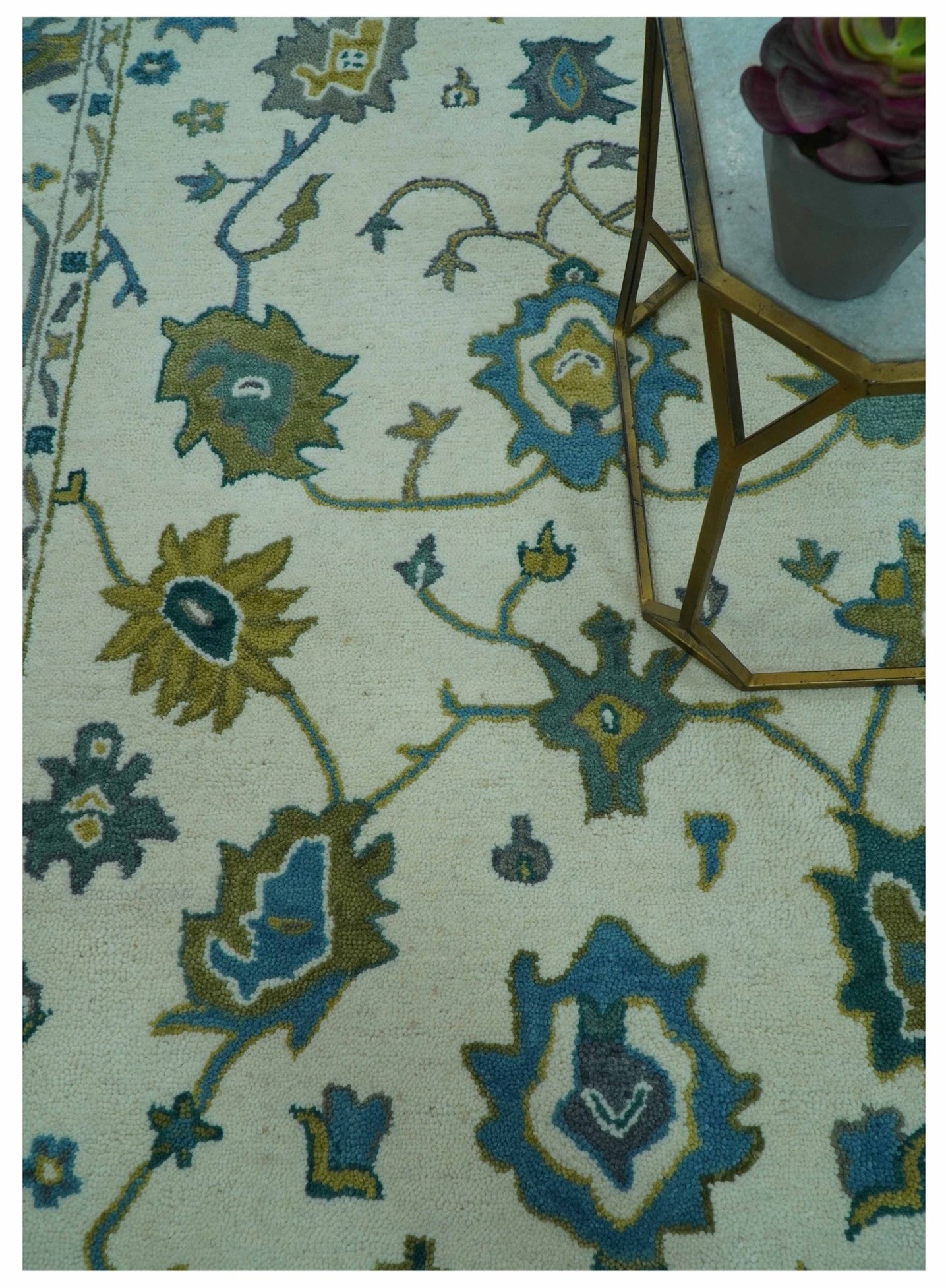 Custom Made Traditional Ivory And Blue Oushak Hand Tufted Wool Area Rug - The Rug Decor