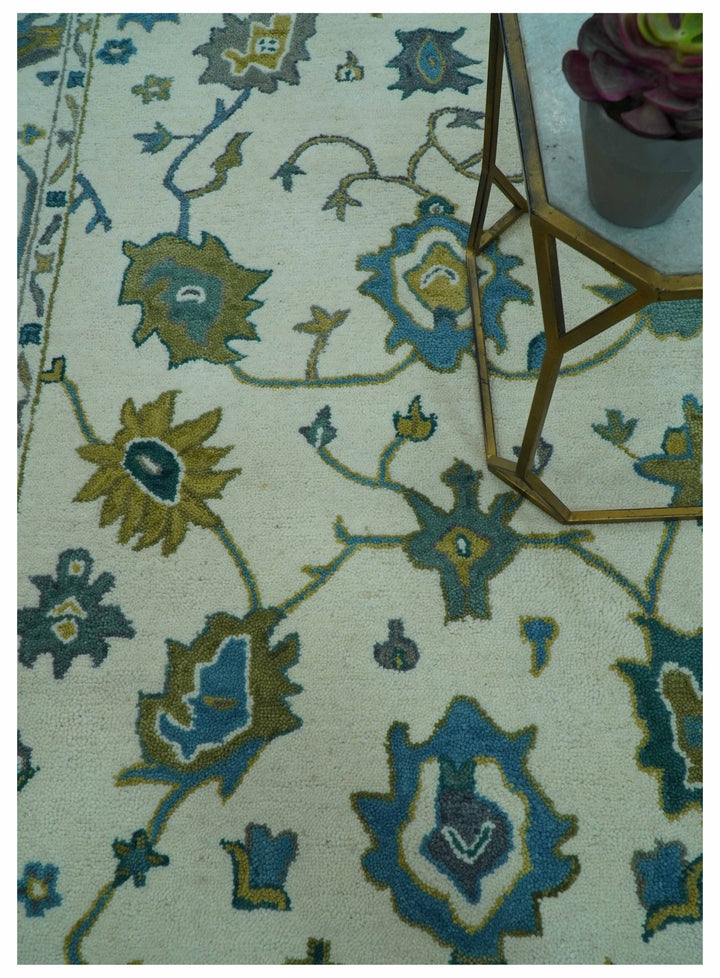 Custom Made Traditional Ivory And Blue Oushak Hand Tufted Wool Area Rug - The Rug Decor
