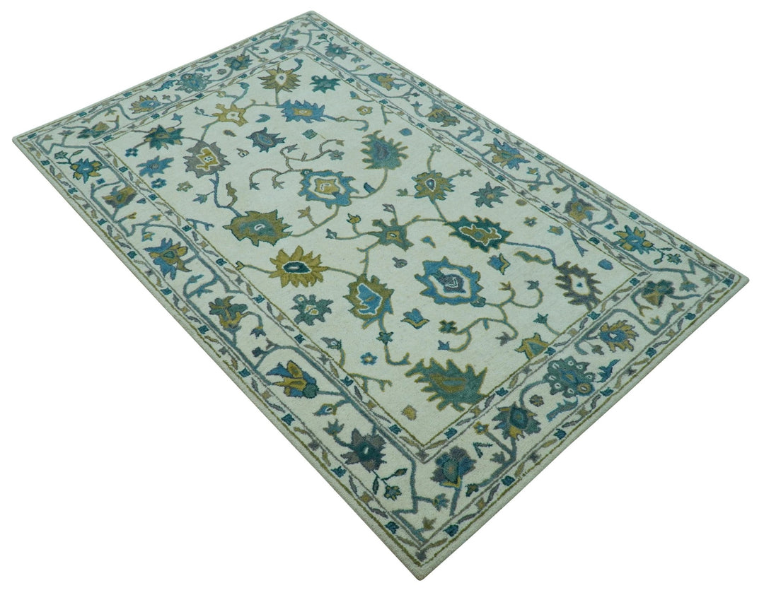 Custom Made Traditional Ivory And Blue Oushak Hand Tufted Wool Area Rug - The Rug Decor