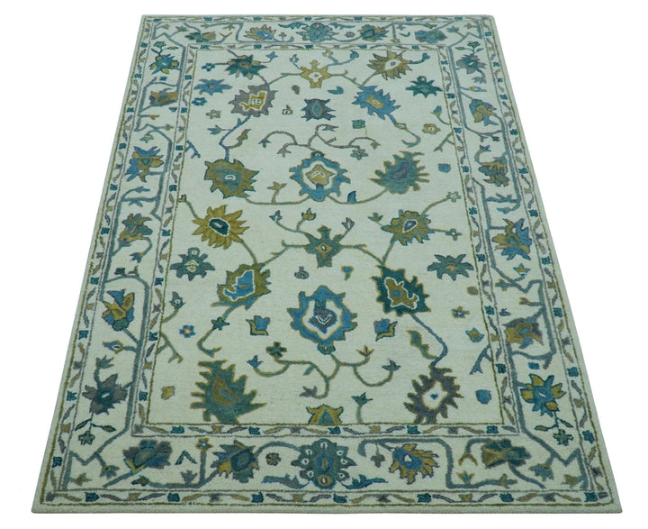 Custom Made Traditional Ivory And Blue Oushak Hand Tufted Wool Area Rug - The Rug Decor