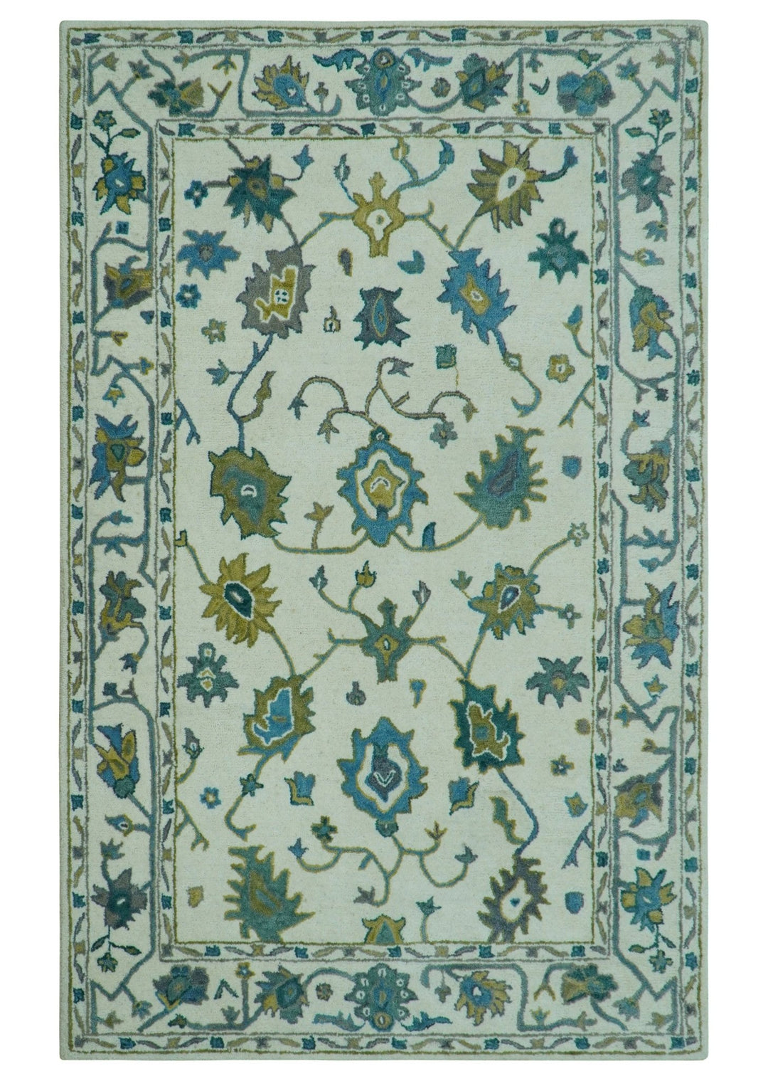 Custom Made Traditional Ivory And Blue Oushak Hand Tufted Wool Area Rug - The Rug Decor