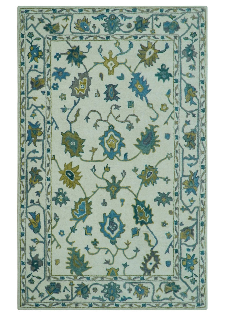 Custom Made Traditional Ivory And Blue Oushak Hand Tufted Wool Area Rug - The Rug Decor