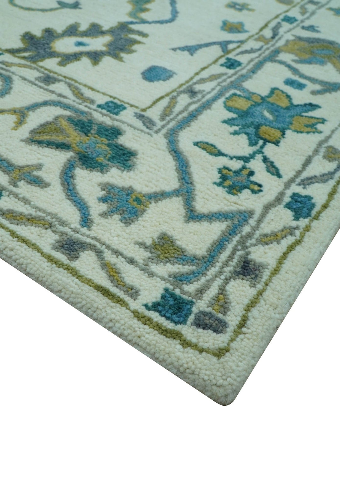 Custom Made Traditional Ivory And Blue Oushak Hand Tufted Wool Area Rug - The Rug Decor