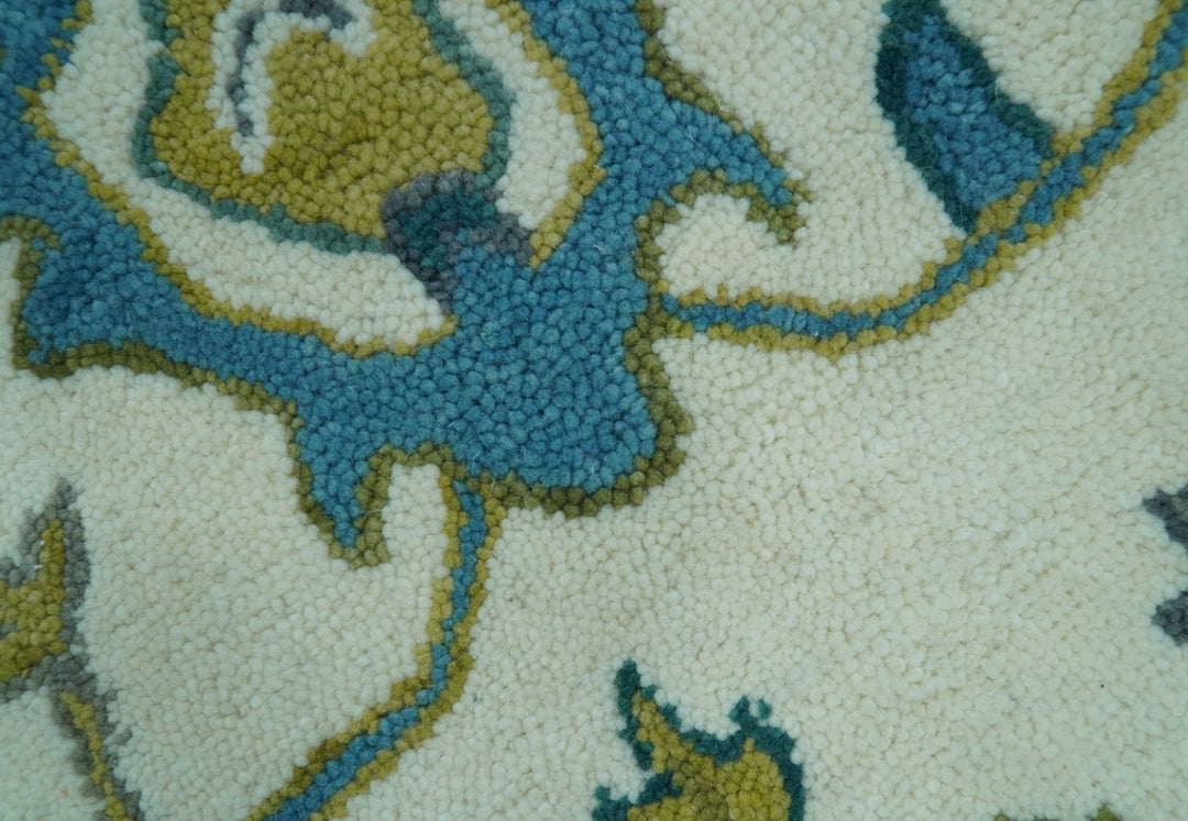 Custom Made Traditional Ivory And Blue Oushak Hand Tufted Wool Area Rug - The Rug Decor