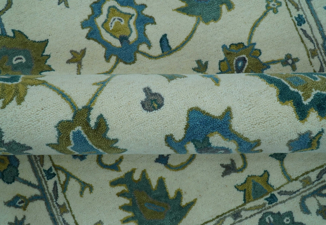 Custom Made Traditional Ivory And Blue Oushak Hand Tufted Wool Area Rug - The Rug Decor