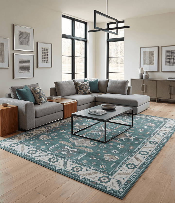 Custom Made Traditional Mamluk Design Teal, Ivory and Brown Hand Knotted wool Area Rug - The Rug Decor