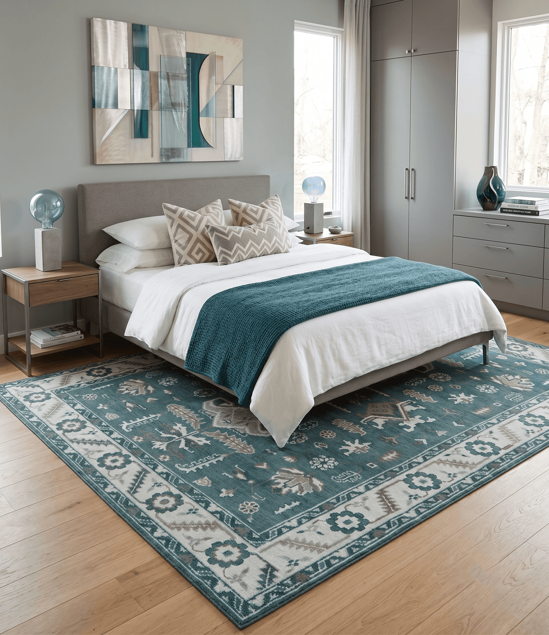 Custom Made Traditional Mamluk Design Teal, Ivory and Brown Hand Knotted wool Area Rug - The Rug Decor