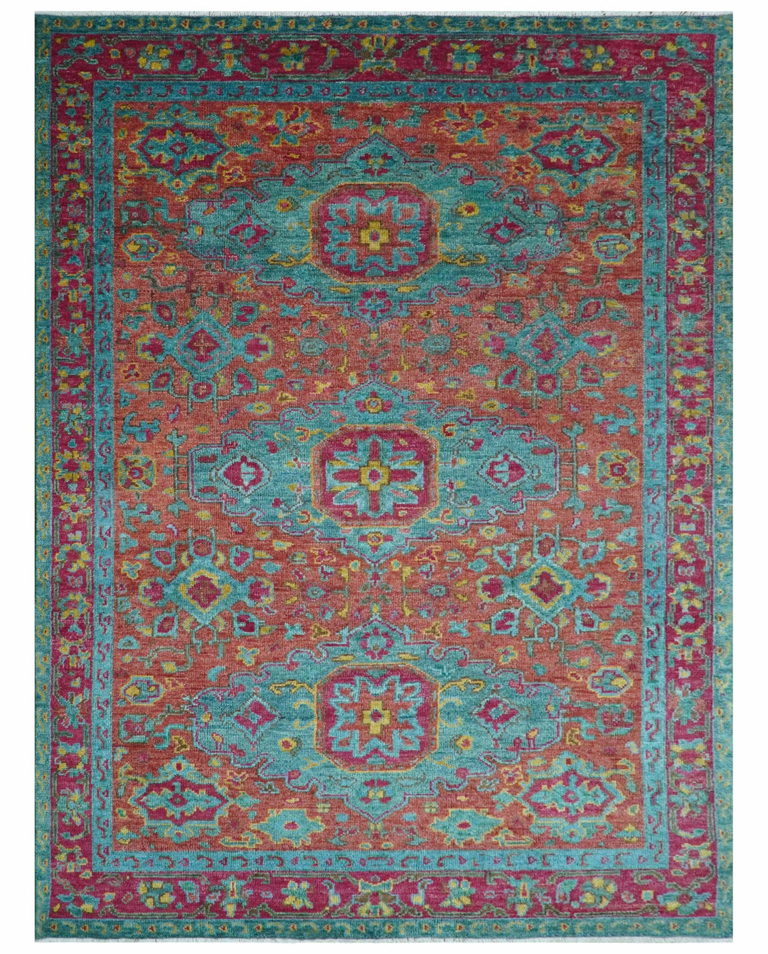 Custom Made Traditional Medallions Design Rust And Blue Hand Knotted Wool Rug - The Rug Decor