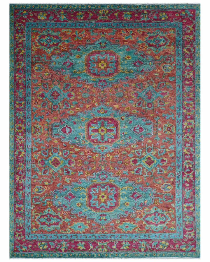 Custom Made Traditional Medallions Design Rust And Blue Hand Knotted Wool Rug - The Rug Decor