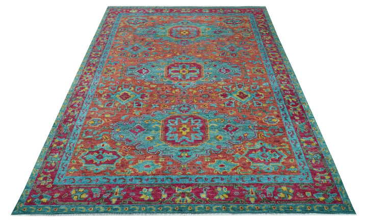 Custom Made Traditional Medallions Design Rust And Blue Hand Knotted Wool Rug - The Rug Decor