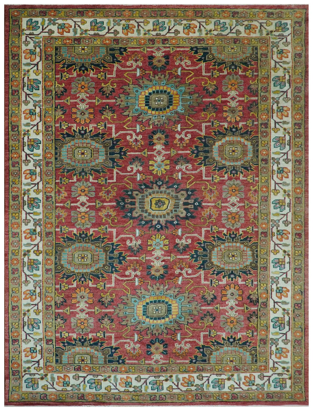 Custom Made Traditional Motifs Design Rust And Ivory Hand Knotted Wool Rug - The Rug Decor